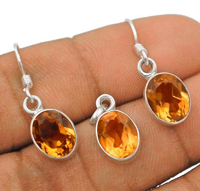 Natural Golden Citrine 925 Sterling Silver Earrings Pendant Set Jewelry @17-9