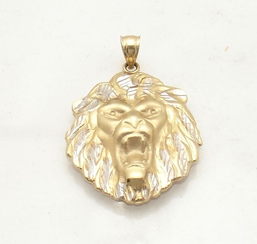 Mens Two-Tone Lion Head Charm Pendant Real Solid 10K Yellow White Gold - Picture 2 of 5