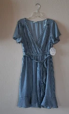 Naif Women's Blue Striped Faux Wrap Ruffled Elastic Waist Dress w/Belt NWT Sz M