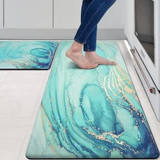 MAYHMYO Kitchen Rugs and Mats Set of 2 Teal Marble Gold anti Fatigue Mat PVC Non