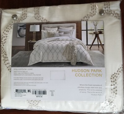 KING HUDSON PARK COLLECTION WHITE TEXTURED COTTON LINEN LATTICE DUVET COVER