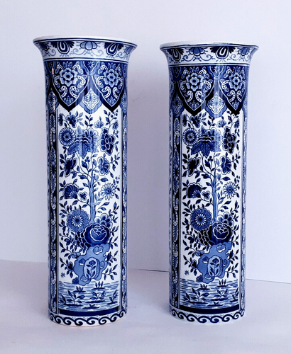 Antique DELFT BLUE & WHITE PAIR OF CYLINDER VASES 12.2 INCHES REGOUT MAASTRICHT - Picture 3 of 6
