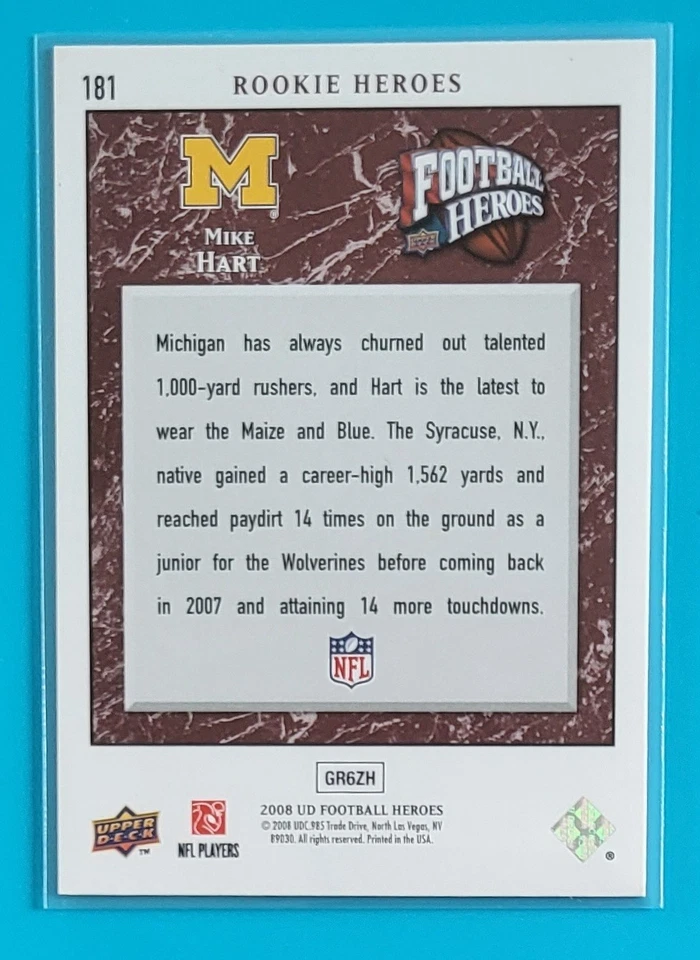 2008 Upper Deck Heroes #181 Mike Hart Michigan Wolverines Football Card  - Image 2 of 2