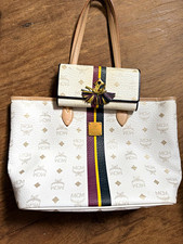 MCM Visetos Monogram Tote Bag White/Beige Zip Closure Gold HW Pink Lining Pouch