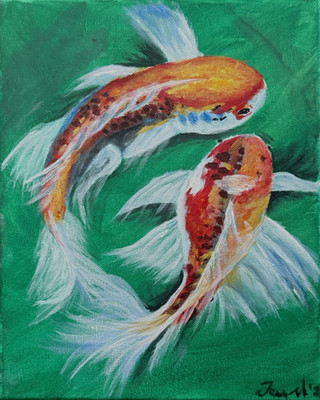 Modern Koi Fish Acrylic Painting on Canvas, Signed, Small, Unframed