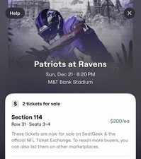 Baltimore Ravens vs. New England Patriots... 2 TICKETS LOWER LEVEL