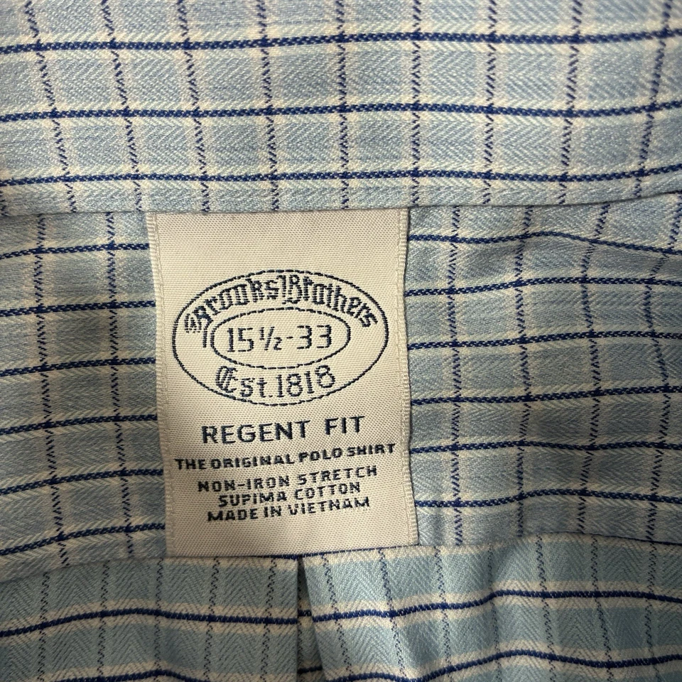 Brooks Brothers Regent Shirt 15.5 33 Blue Plaid Oxford Button Non Iron Stretch - Image 3 of 4