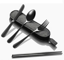 Portable Stainless Steel Flatware Set, Black 5-Piece Travel Silverware Including