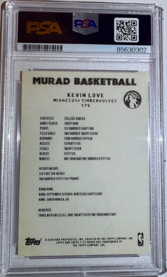 KEVIN LOVE SIGNED 2008-09 TOPPS MURAD #175 RC ROOKIE CARD PSA/DNA AUTOGRAPH COA - Image 2 of 2
