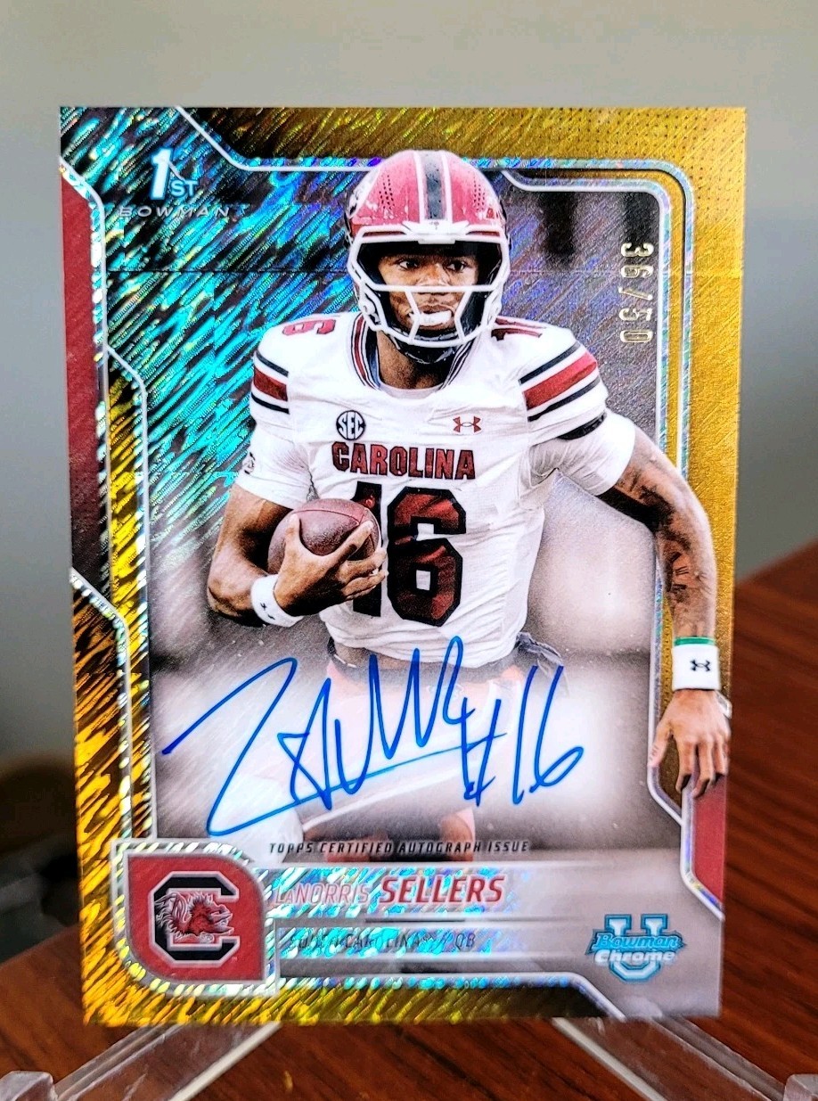 LaNorris Sellers 2025 Bowman University Chrome Gold Shimmer Auto 36/50 #BCA-LNS