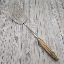 Vintage A&J Slotted Angled Metal Spatula Turner Flipper Wood Handle Farmhouse