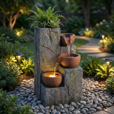 Gartenbrunnen LED 3-stufig Kaskade Harz Pflanzgefäß Garten Deko 27 cm