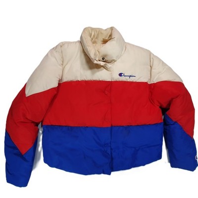 Champion Crop Jacke Color Block weiß rot blau Retro-Stil gefüttert Größe XS
