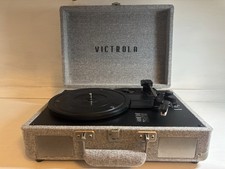 Victrola Gray Portable Suitcase Turntable Record Player with Power Adapter