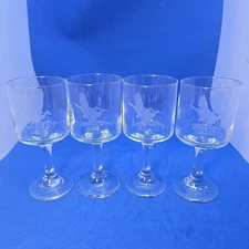 4 Clear Stemmed Glasses W/ Etched Mallard Ducks 5⅝"H. Sherbert, Wine, Cordial EC