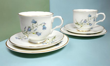 Sadler Wellington Bluebell 2 Trios Cup Saucer Side Plate Set - England Gold Trim