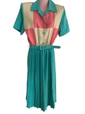 Vintage Nancy II Shirt Dress Womens 10 Colorblock Teal Coral Pleated Belted 80s