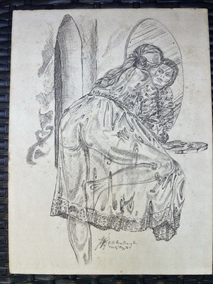 Vintage Bill Armstrong Jr, Pencil Charcoal Drawing Of Lady In Sheer Nightgown