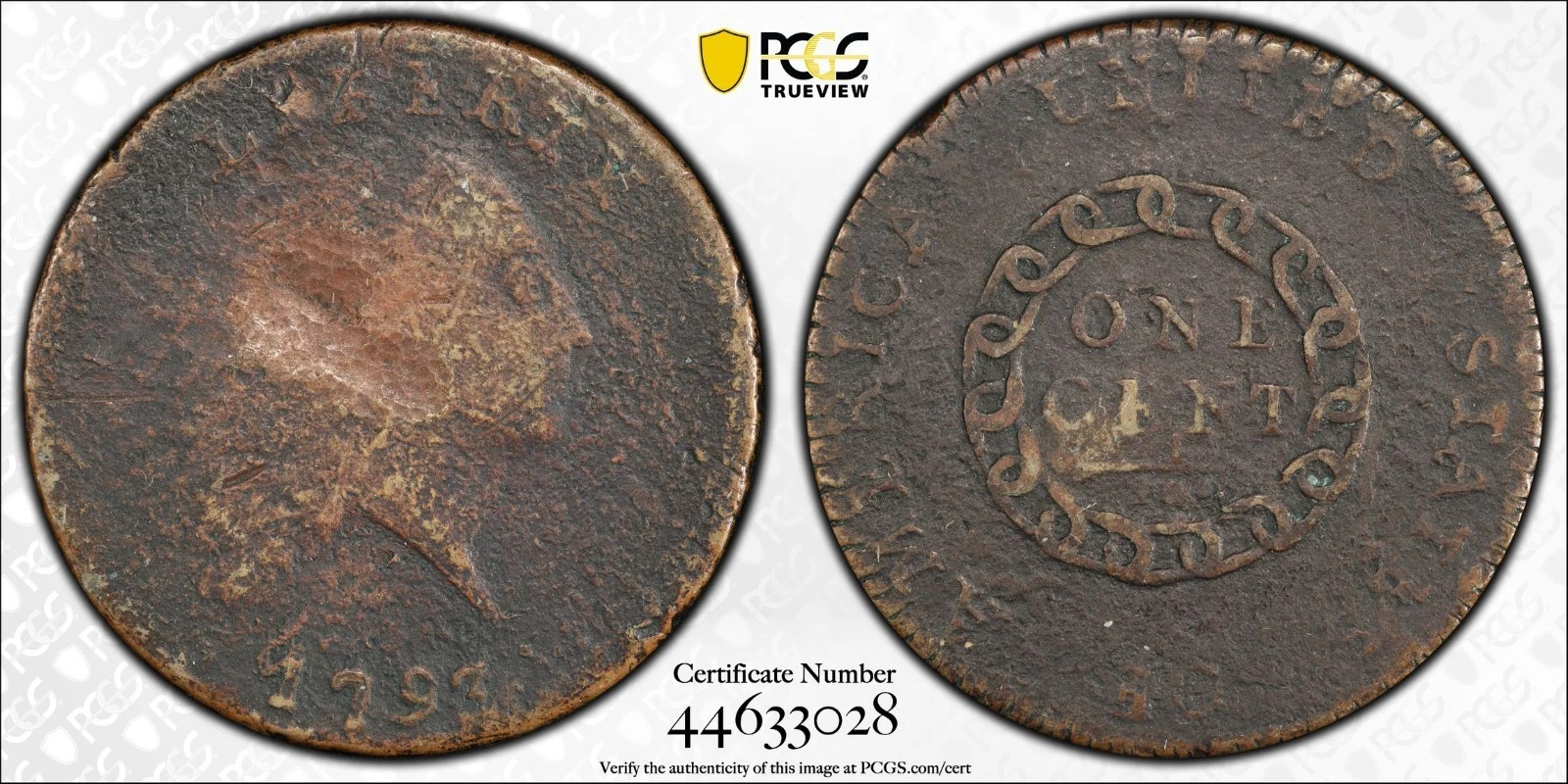 1793 Chain Cent S-3 AMERICA PCGS Good Detail Damage Early US Large Cent