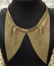 Vintage Mesh Bib Collar Necklace Shiny Gold Tone 14” V-Shape