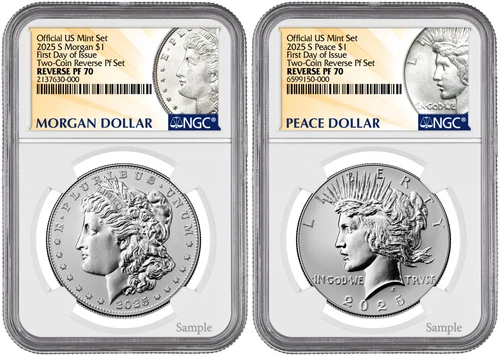 2025-S (PF70) Reverse Proof Morgan & Peace Silver Dollar (2 Coin Set) FDOI NGC