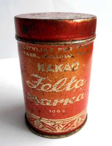 1940s URSS Letonia Soviética RIGA Marca comercial "LAIMA" COCOA Caja de hojalata "Yarlyk dorado" - Imagen 2 de 5