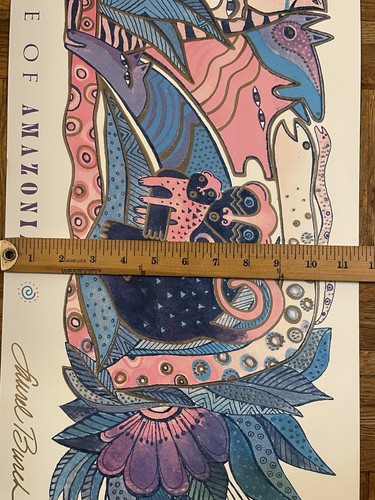 1993 Laurel Burch Poster, Amazonia, Birds, Cats, Snake, Blue/Pink, 36”x12” - Picture 11 of 11