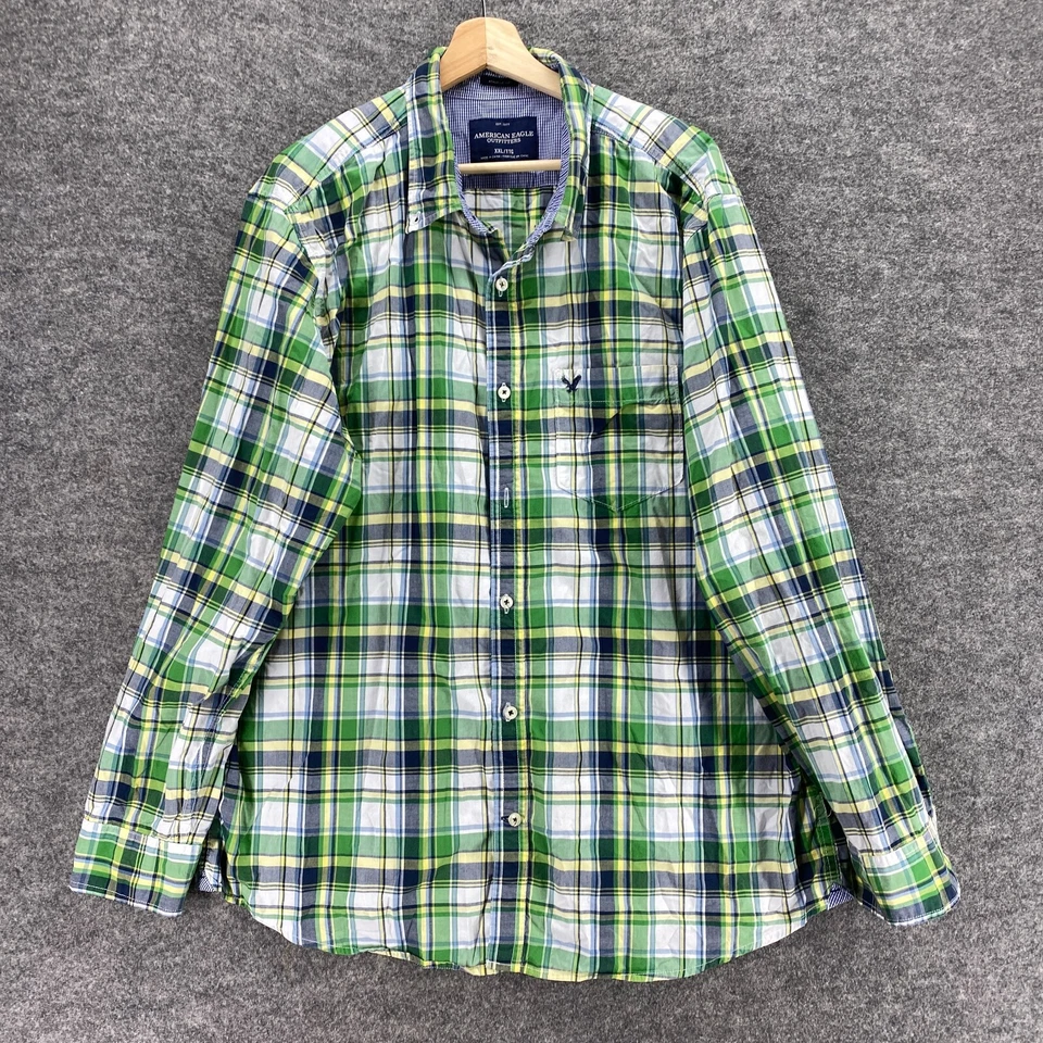 Camisa American Eagle Hombre 2XL Verde A Cuadros Cuello Abotonado Calce Atlético Algodón Foto 4 de 4