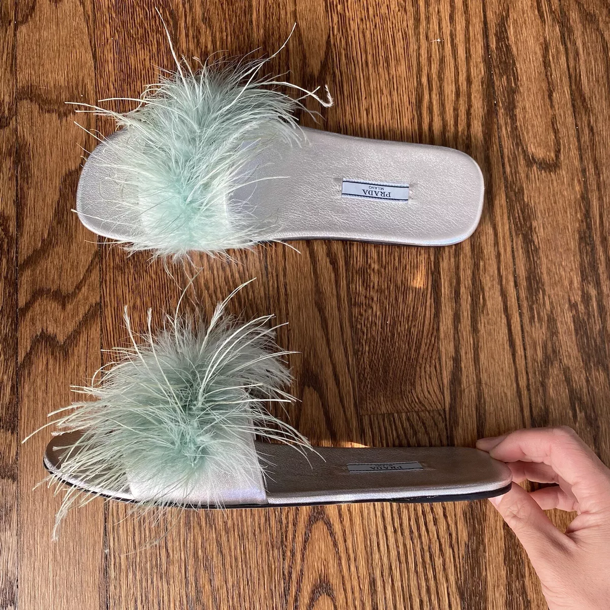 Prada Spring 2017 Metallic Silver Feather Slide Sandal Slippers eBay