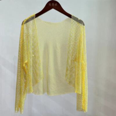 Women Long Sleeve Crystal Cardigan Glitter Rhinestone Net Sheer Bolero Tops Thin