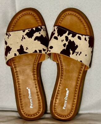 PIERRE DUMAS Size 6.5M/EU 37 Brown & Cream Hair On Leather Slides, EUC