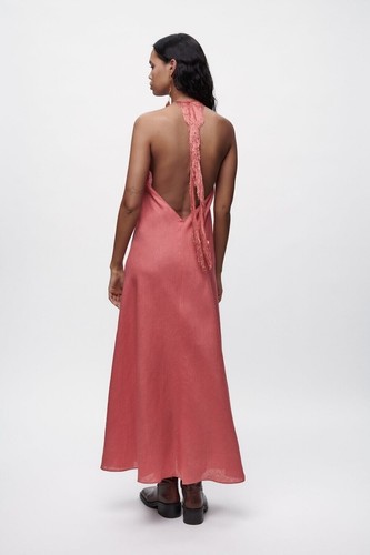 LTD EDIT ZARA Linen Coral Pink Shrimp Tie Neck Fringe A-Line Maxi Dress Size S - Picture 5 of 11