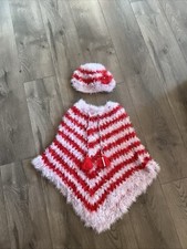 Girls Winter Pullover Poncho Light Purple And Red Handmade Crochet Set With Hat