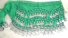 Belly Dance Tie Coin Bead Wrap Green 30"x 11" Long 14" Ties Lt Poly Fabric