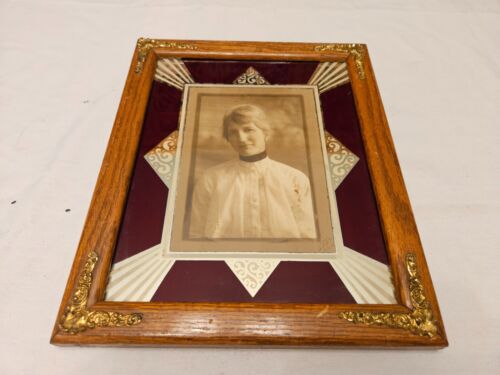 Antique Ornate Mirrored/Wood Frame W/Brass Corners, 9 1/2" x 11 1/2" W/B&W Photo - Picture 1 of 6