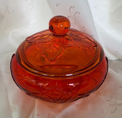 Vintage MCM Wikinger Orange Amberina Persimone Episches Blatt Deckel Bonboniere SCHÖN!