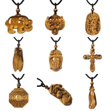 Natural Yellow Tiger Eye Crystal Amulet Pendant Bead Jewelry Necklace 22 inch