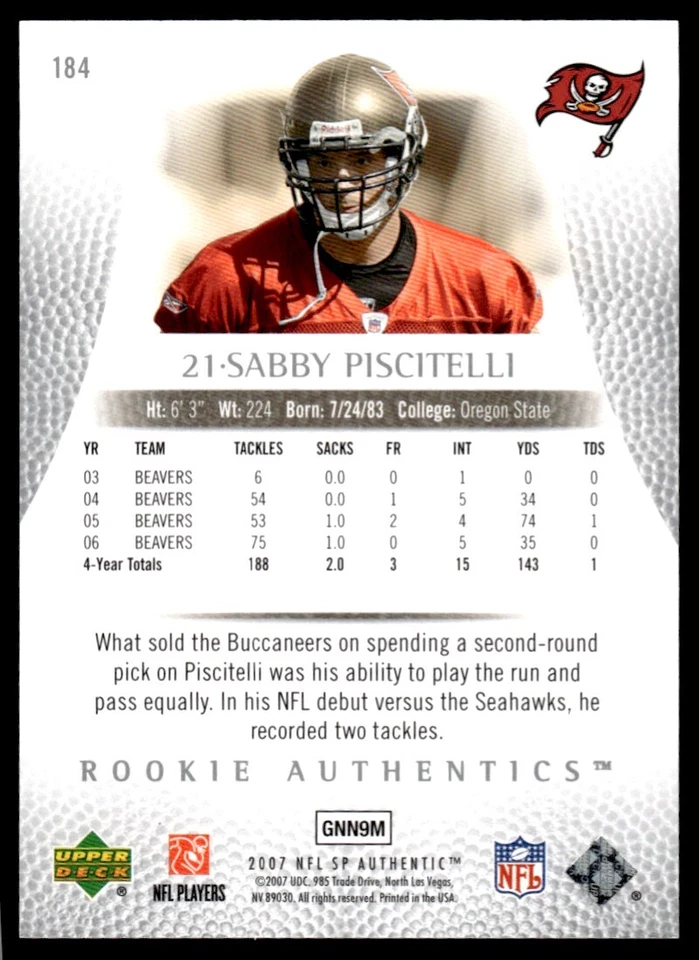 2007 Donruss Gridiron Gear Sabby Piscitelli Rookie /599 Tampa Bay Buccaneers - Image 2 of 2