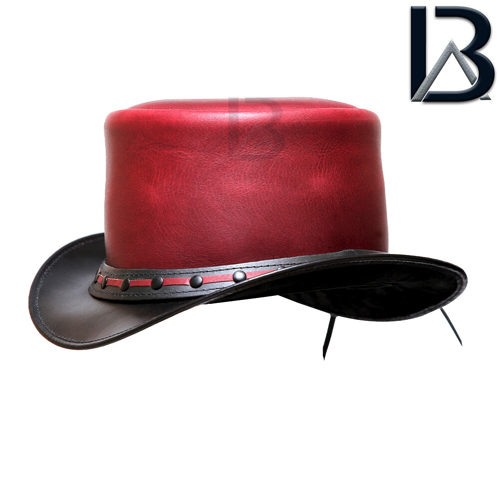 Steampunk Leather Black/Red Top Hat Handmade Black Leather Top Hat: Red Snakeskin Band  main image 3