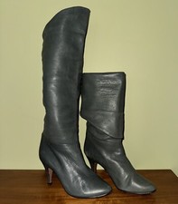 Vintage Sz 6.5 70s 80s Grey Leather Slouch Cuff Heel Boots