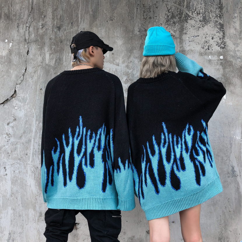 Mens Wool Knitted Blue Flame Sweater 