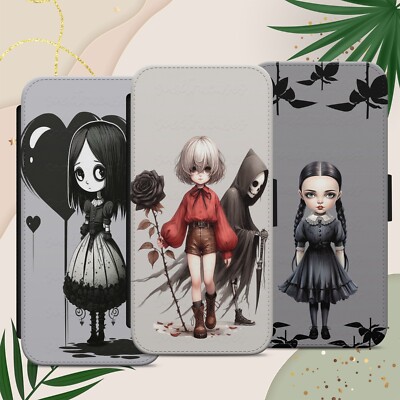 GOTHIC GIRL HANDYHÜLLE FÜR IPHONE SAMSUNG PIXEL SPOOKY CHIBI PRINT FLIP WALLET