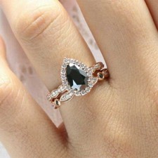 3Ct Pear Black Diamond Halo Wedding Band Bridal Ring Set 14K Rose Gold Finish