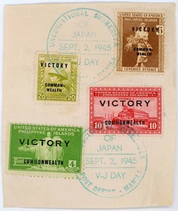 4 Philippine Islands Commonwealth Victory Stamps Surrender V-J Day Sept. 2 1945
