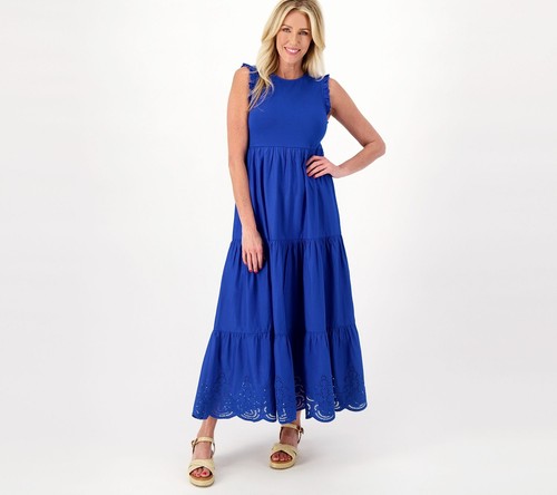 Destination 365 Embroidered Knit Tiered Midi Dress Cobalt Blue L New - 第 1/3 張圖片