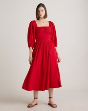 Quince Women Cotton Gauze Smocked Square Neck Midi Dress Wild Cherry M