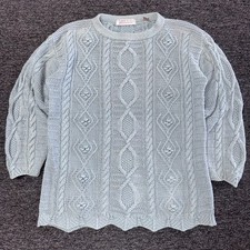 Vintage Karen Scott Hand KNIT Cable Knitted Cottage Sweater - Sz L Blue Mint