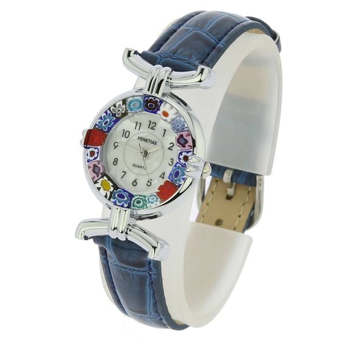 GlassOfVenice Murano Glass Millefiori Watch with Leather Band - Blue Multicolor - Picture 2 of 6