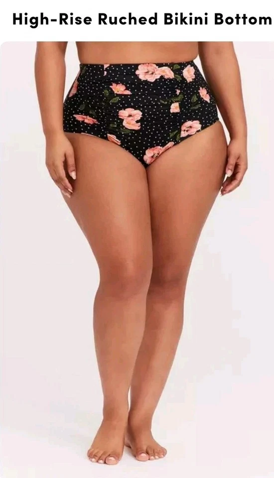 Torrid High Rise Ruched Swim Suit Bikini Bottoms Plus Size 4 4X Floral Dot Retro - Image 2 of 4