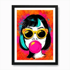 Pop Art Girl with Bubble Gum Art Pr Framed Wall Art Poster Canvas Print Picture